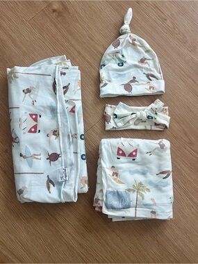 Copper Pearl Maui print baby bundle - swaddle, multi-use cover, hat, and bow